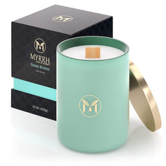 Myrrh Bliss Ocean Breeze candle wooden wick crackle enhances cozy fireside moments.