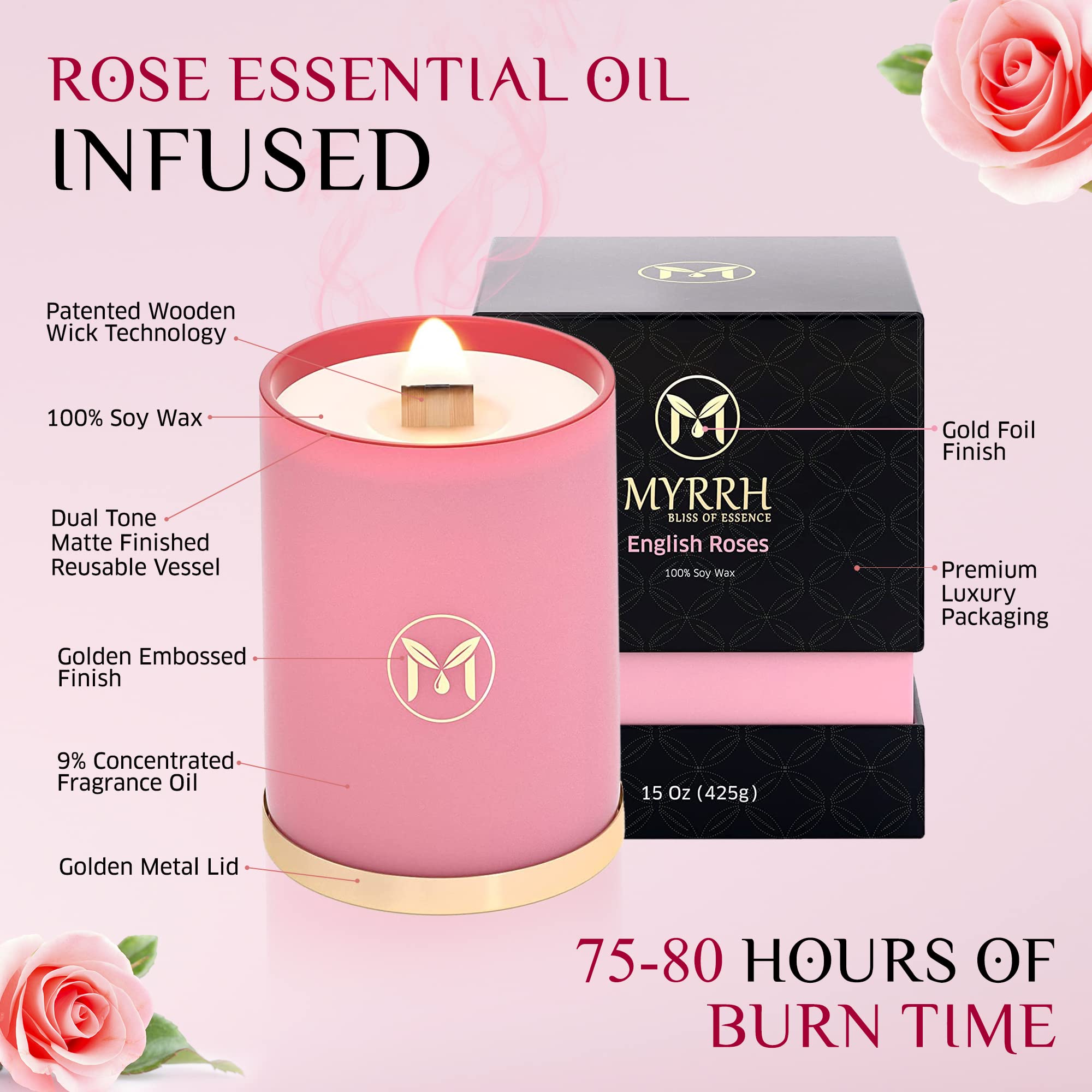 MyrrhUSA Rose Candle flame on for relaxing glow