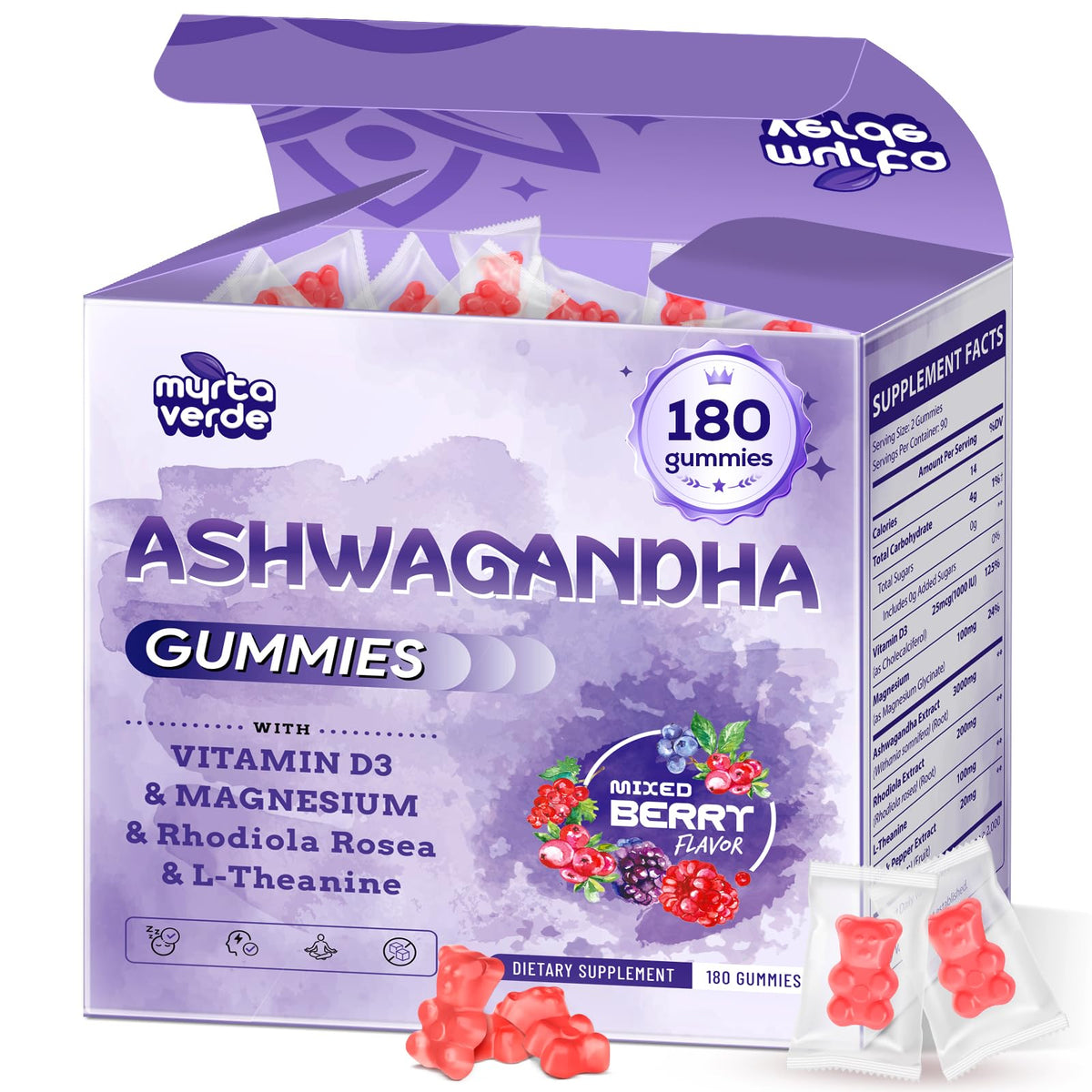 Myrtaverde Ashwagandha Gummies bottle front for daily stress resilience