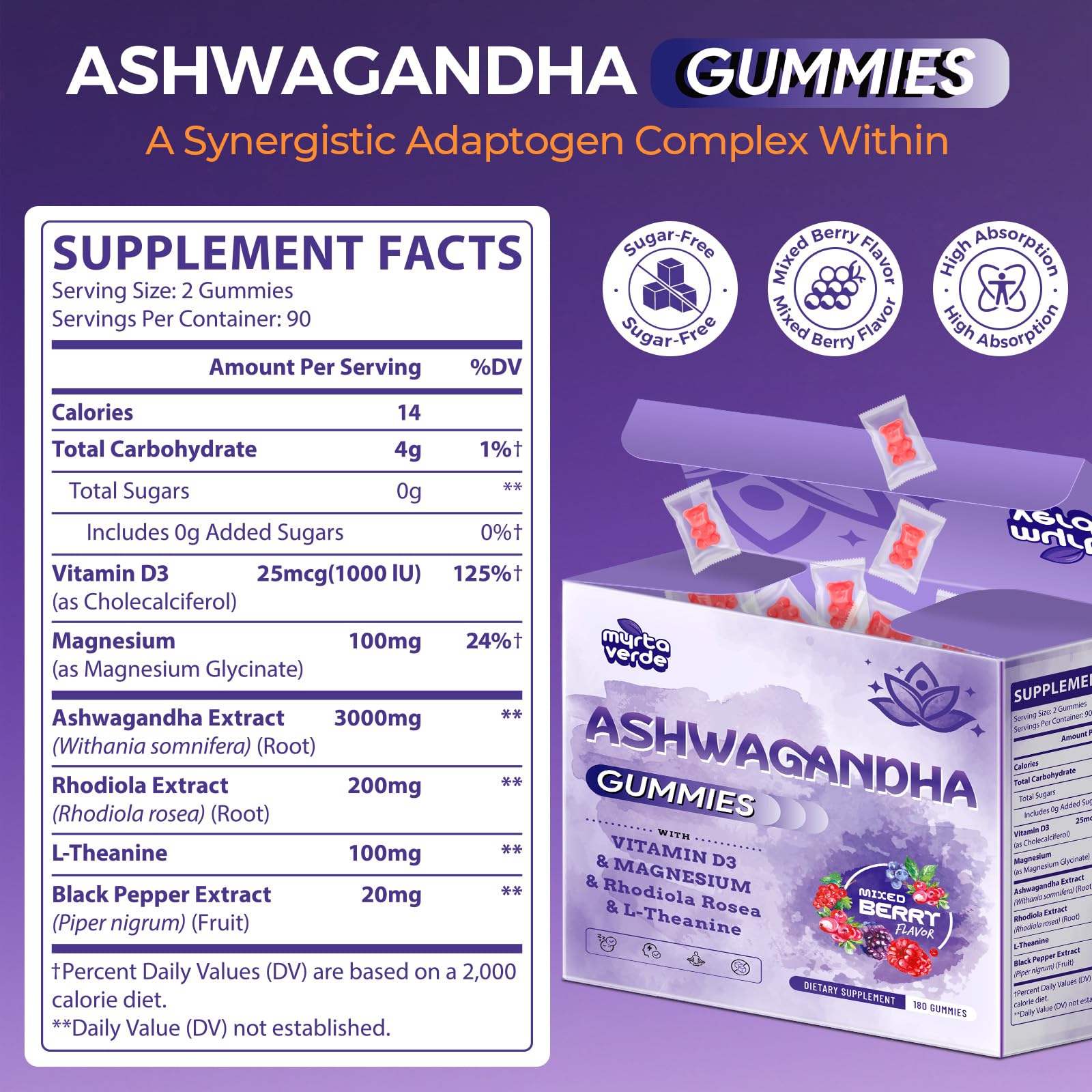 Myrtaverde Ashwagandha Gummies on a store shelf with berry flavor