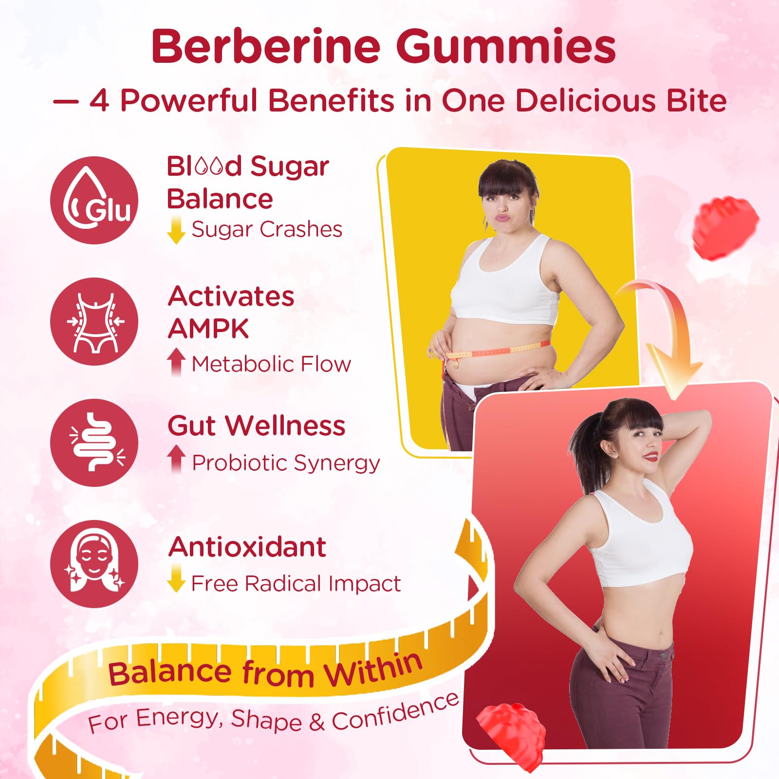 Myrtaverde berberine gummies label emphasizes sugar-free formulation and probiotic blend.