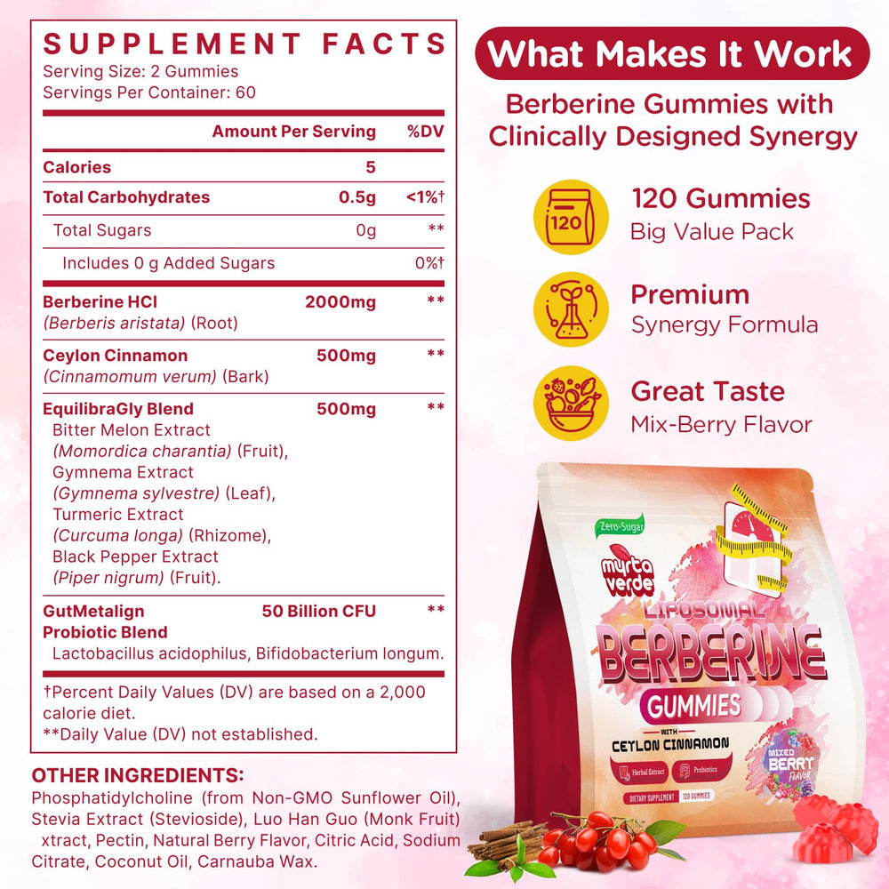 Myrtaverde berberine mix-berry gummies visual invites daily use.