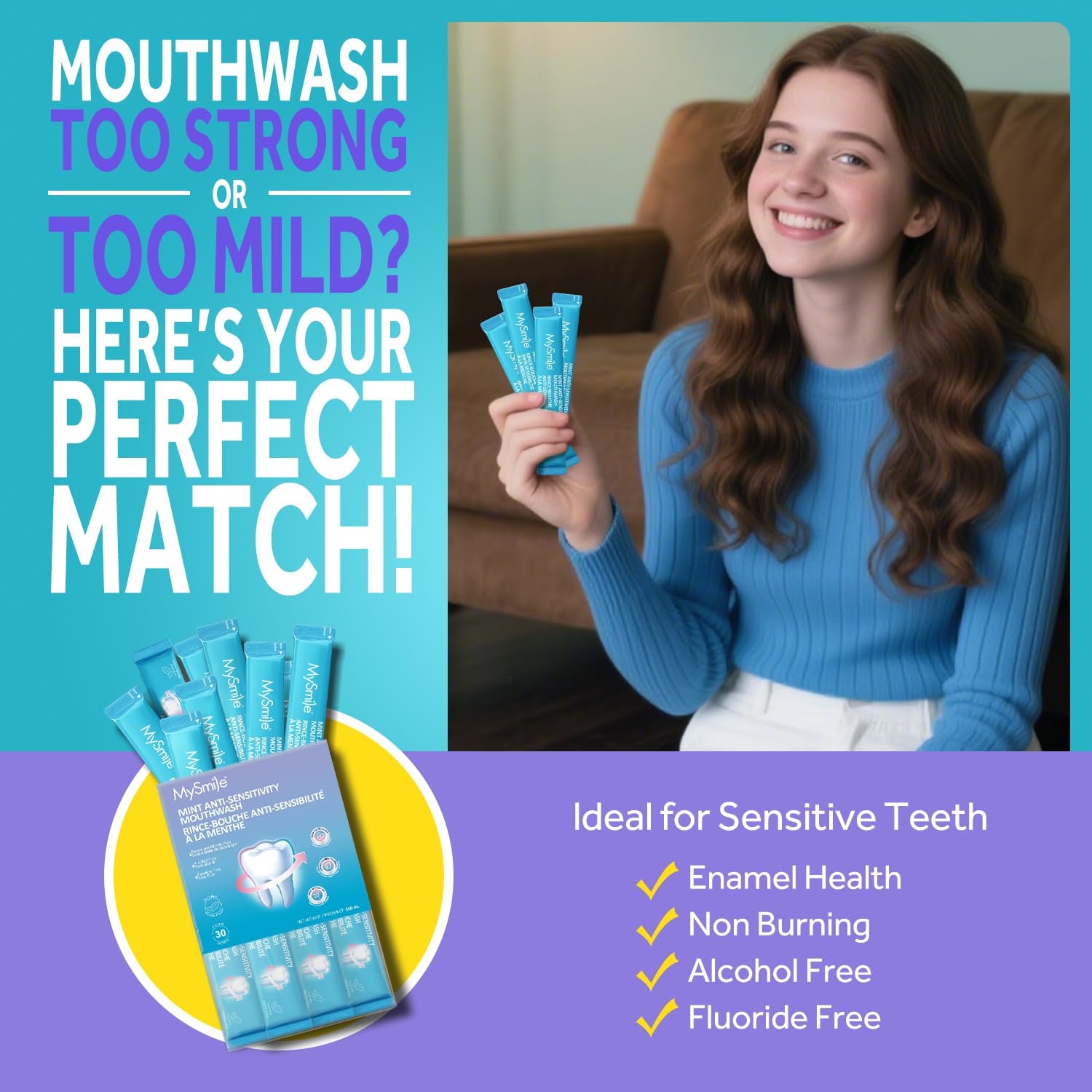 MySmile nano-hydroxyapatite mouthwash bottle emphasizes enamel-support formula.