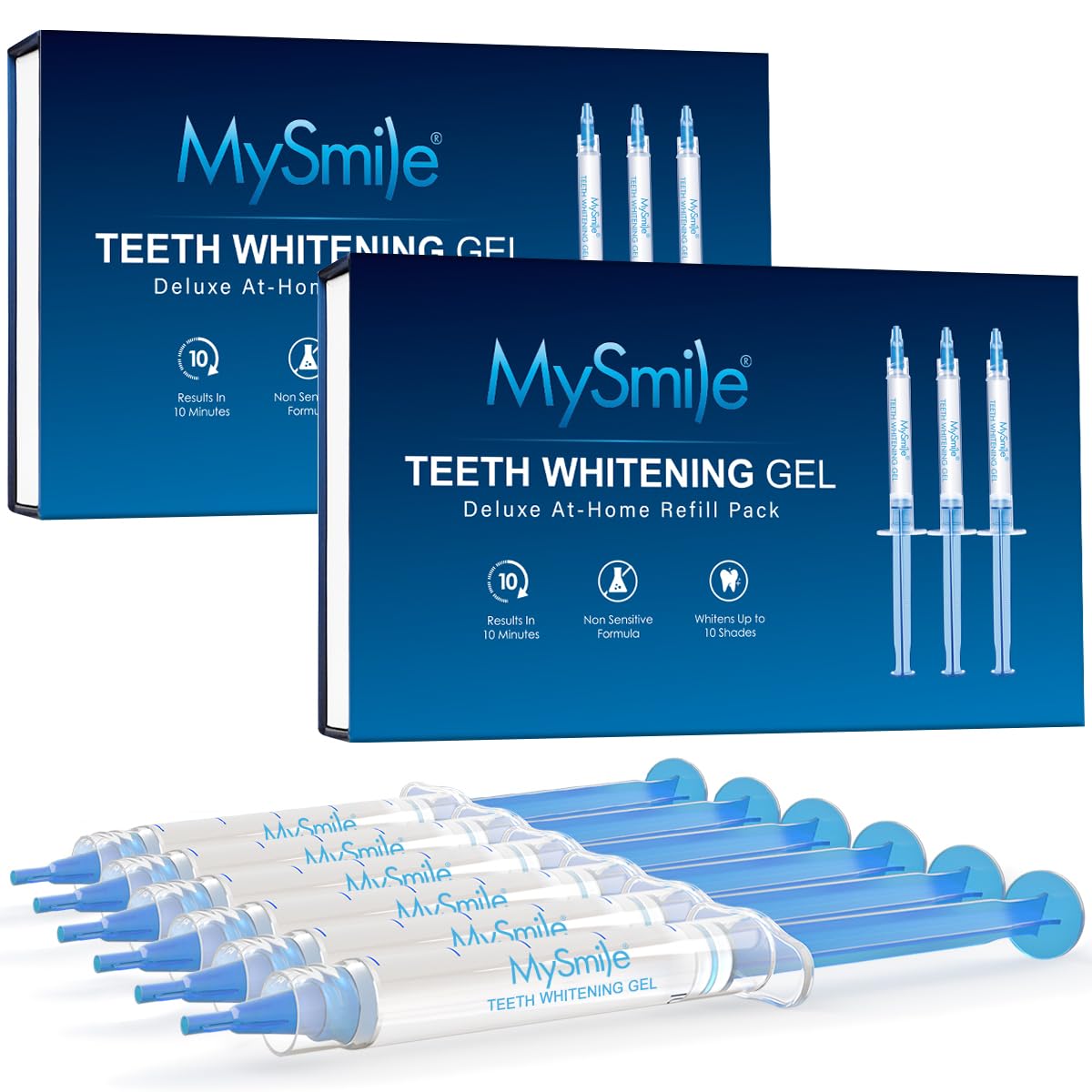 MySmile refill pack with six 3ml whitening gel tubes for home use.