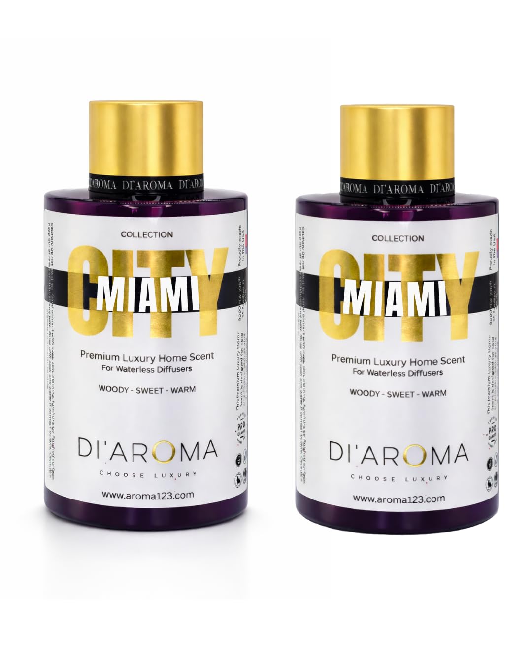 Mystic Romance Di'Aroma Miami aroma oil bottles for waterless diffusers with long-lasting fragrance.