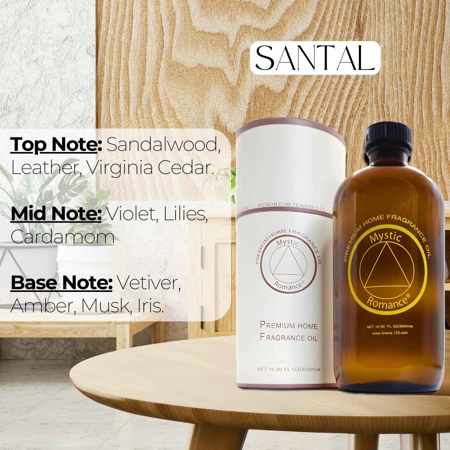 Mystic Romance Santal Premium diffuser oil closeup highlighting elegant glass