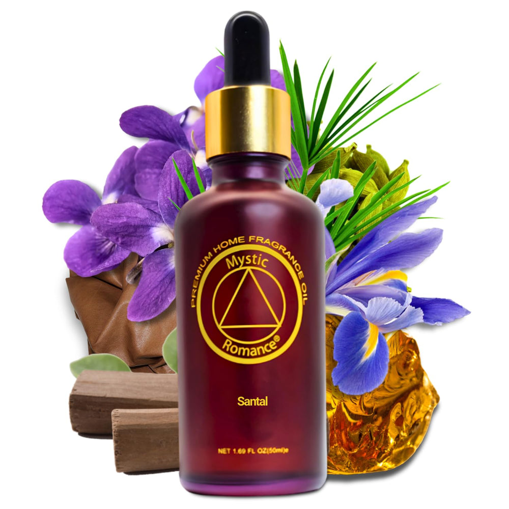 Mystic Romance Santal Premium glass bottle closeup emphasizes premium fragrance ingredients.