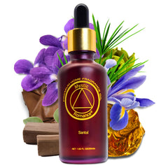 Mystic Romance Santal Premium glass bottle closeup emphasizes premium fragrance ingredients.