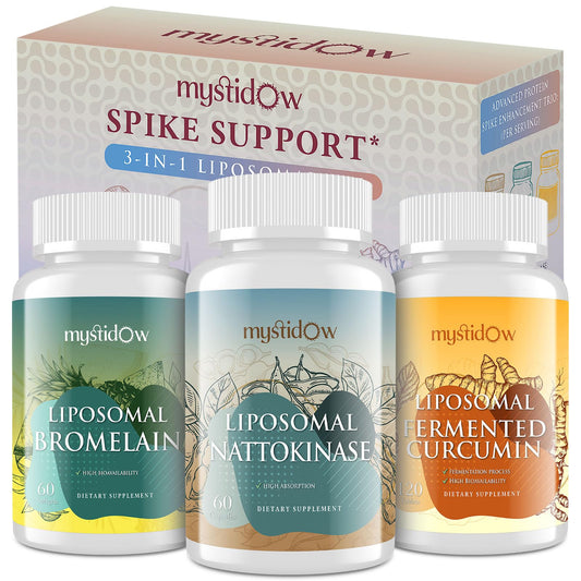 Mystidow Spike Support Trio bottle front view highlighting compact packaging for daily use.