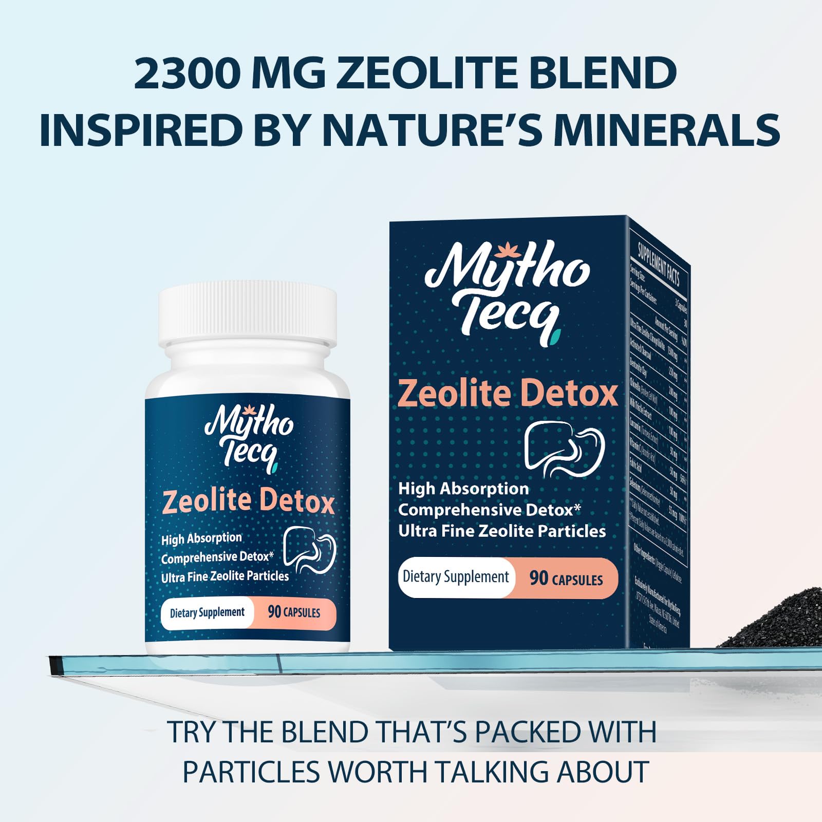 MythoTecq Activated Charcoal capsules closeup; supports everyday cleansing routines.