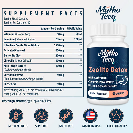 MythoTecq Zeolite Detox capsules closeup; potent detox blend for daily use.