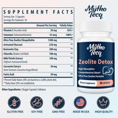 MythoTecq Zeolite Detox capsules closeup; potent detox blend for daily use.