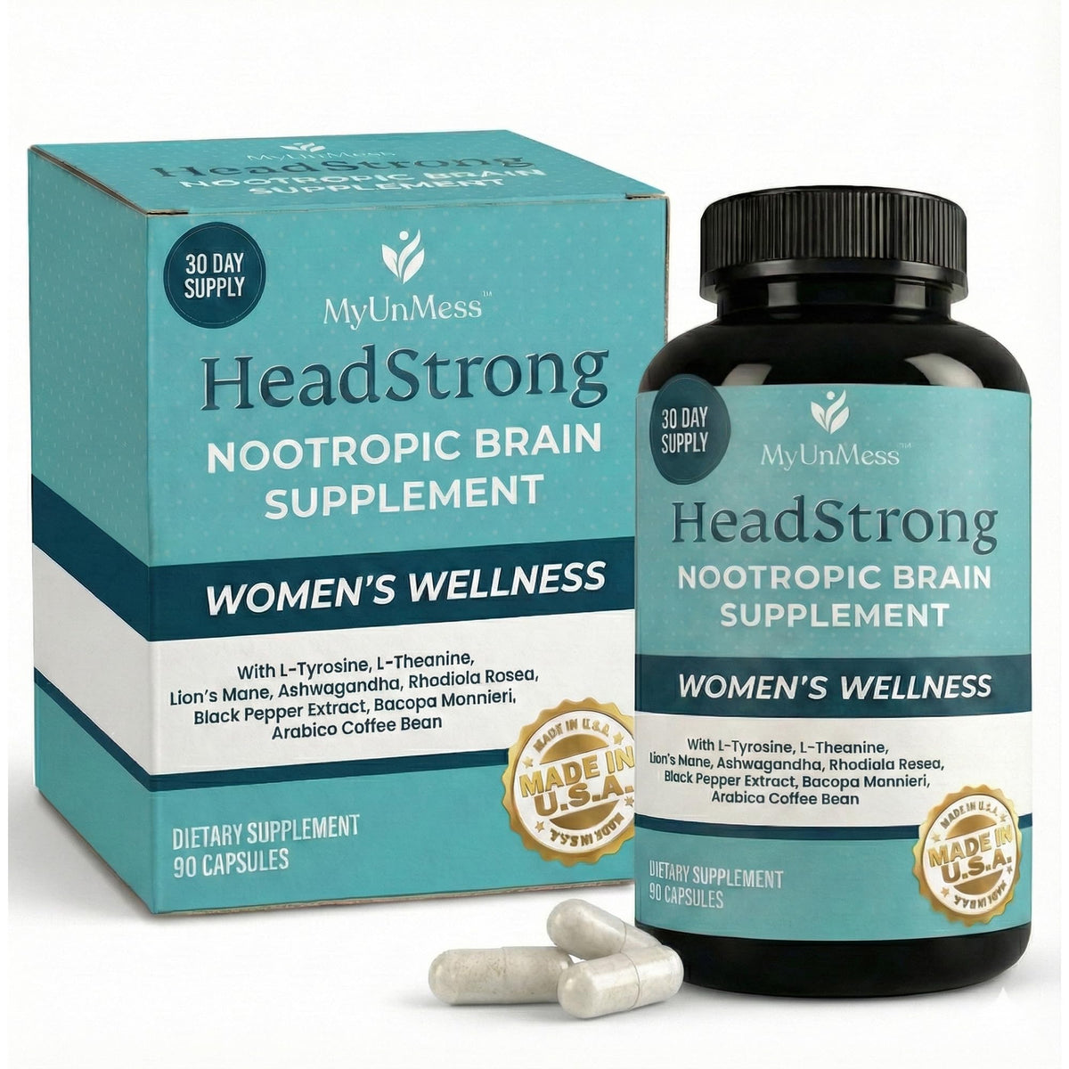 MyUnMess HeadStrong bottle front showing the product for daily cognitive support.