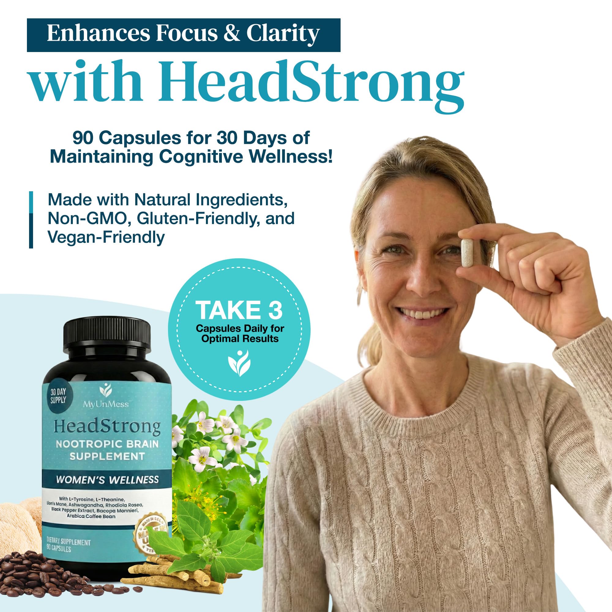 MyUnMess HeadStrong bottle beside a glass of water for daily use.