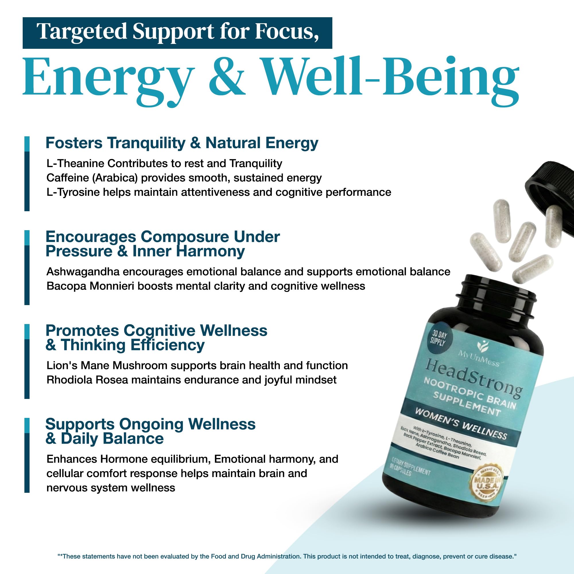 Close-up of MyUnMess HeadStrong capsules ready for daily memory and mood support.