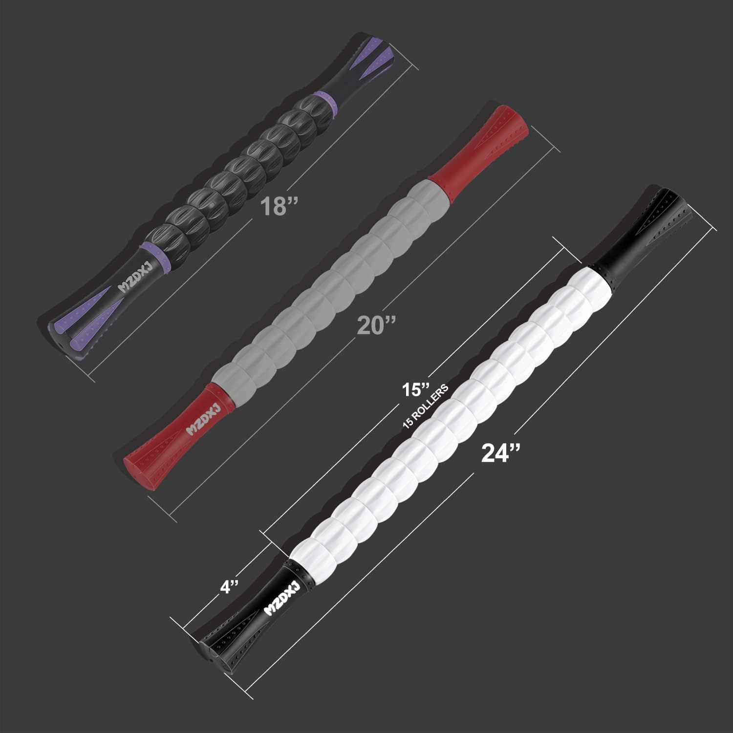 MZDXJ muscle roller stick detail shows precision 15-roller system for targeted pressure