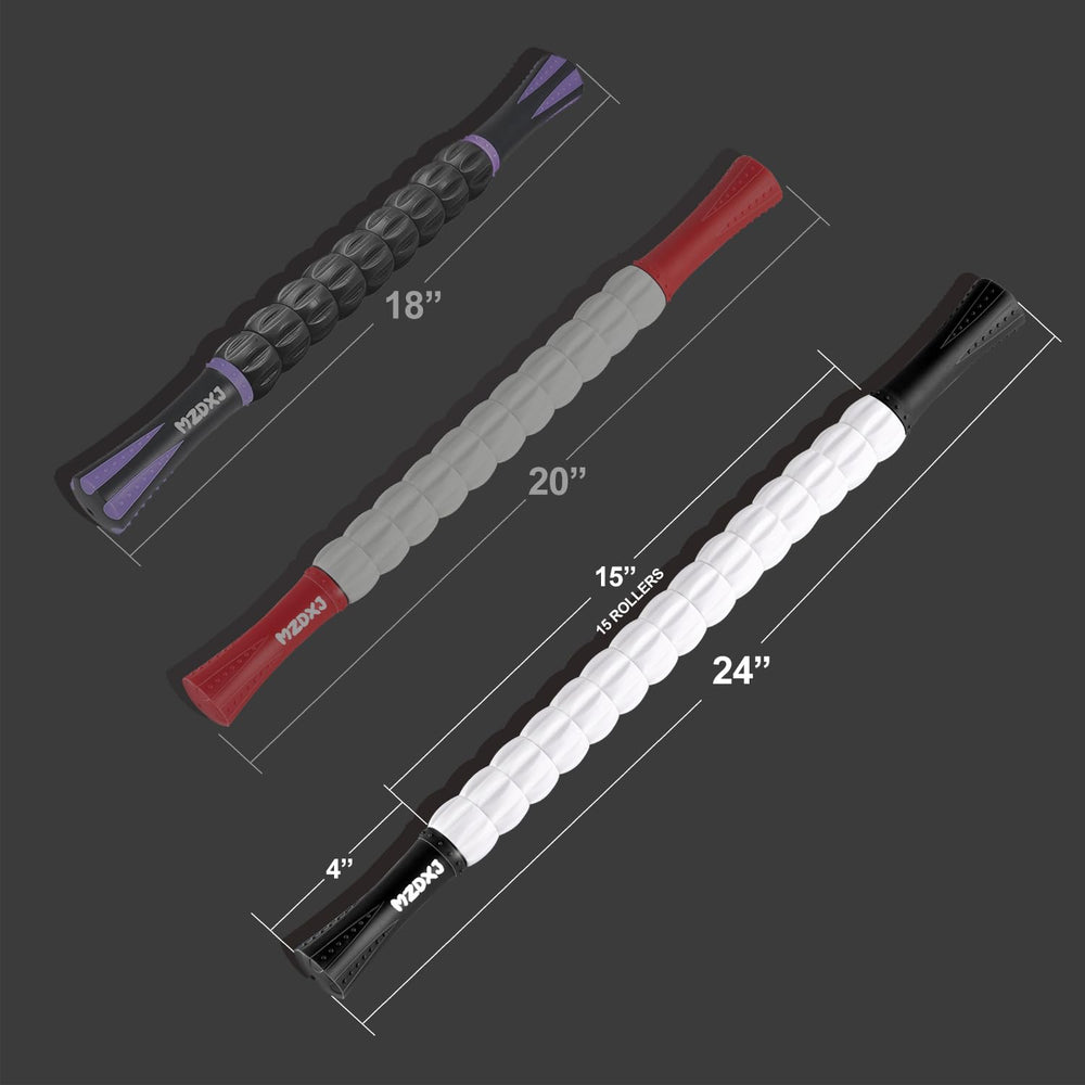 MZDXJ muscle roller stick detail shows precision 15-roller system for targeted pressure