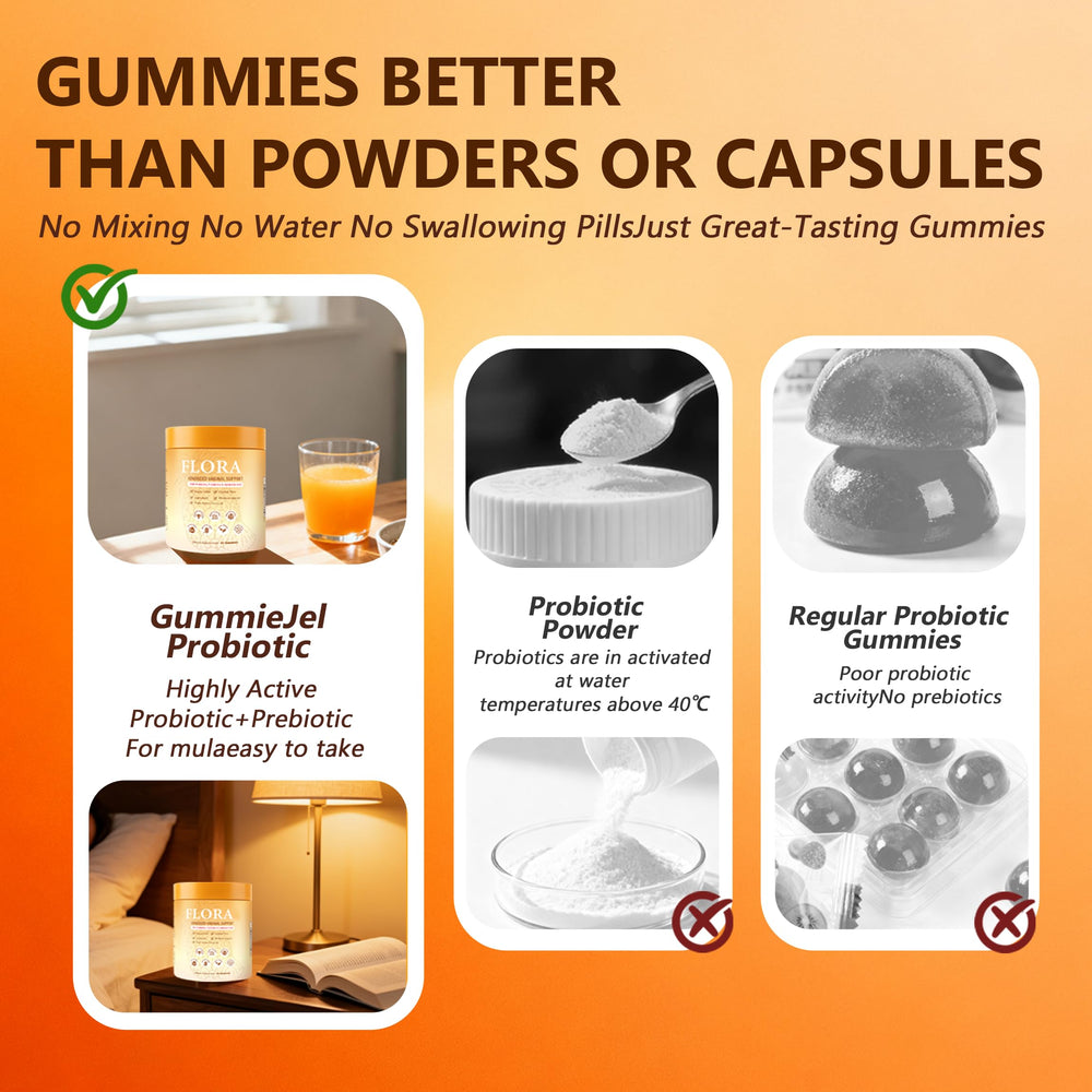 Gummies in berry flavor invite easy, delicious daily wellness with Flora Plus.