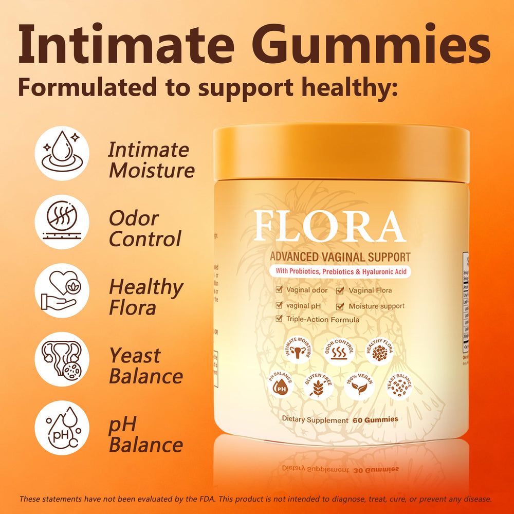Flora Plus Gummies label highlighting probiotic ingredients and pH balance.