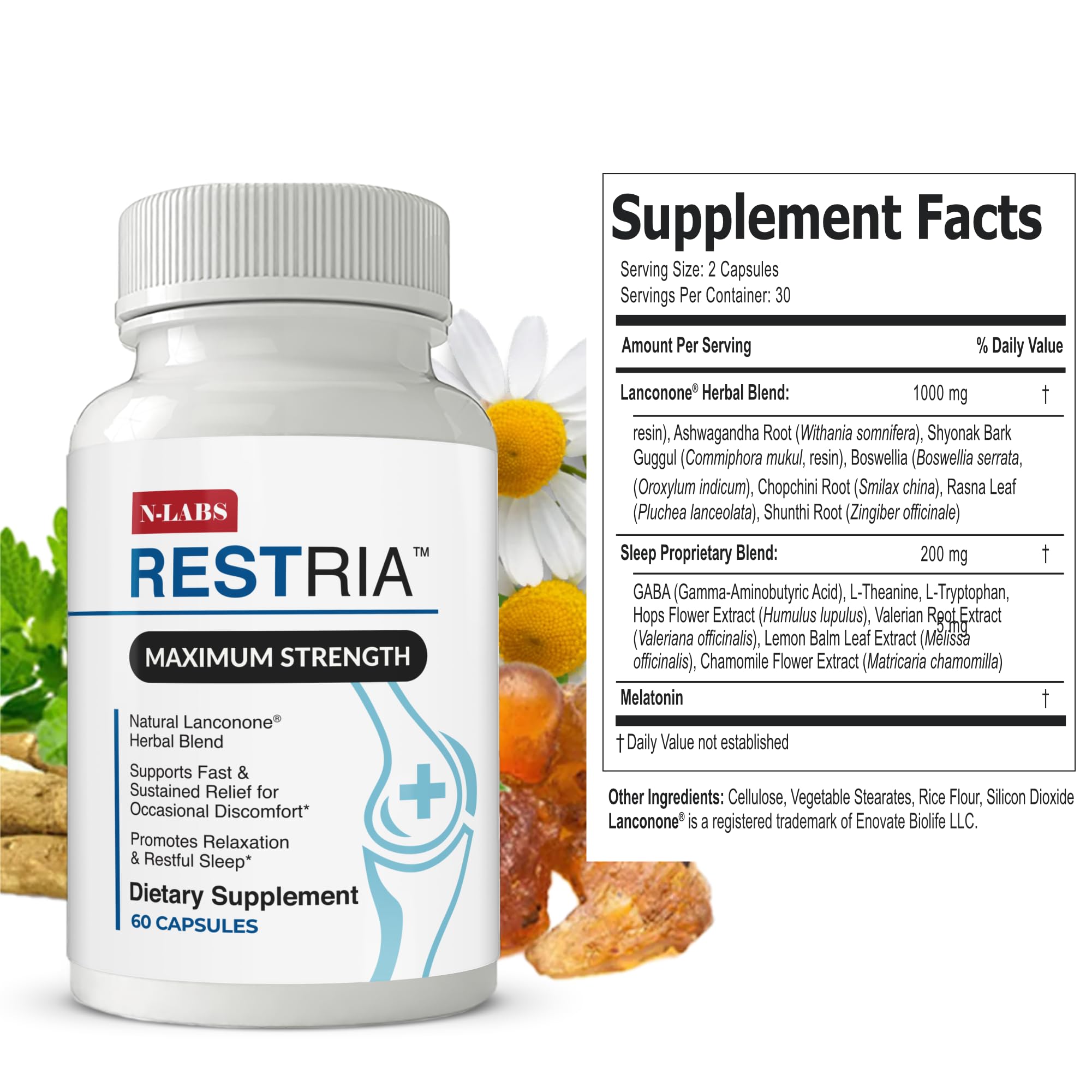 N-Labs Restria capsules close-up suggests joint comfort support paired with sleep-friendly ingredients.