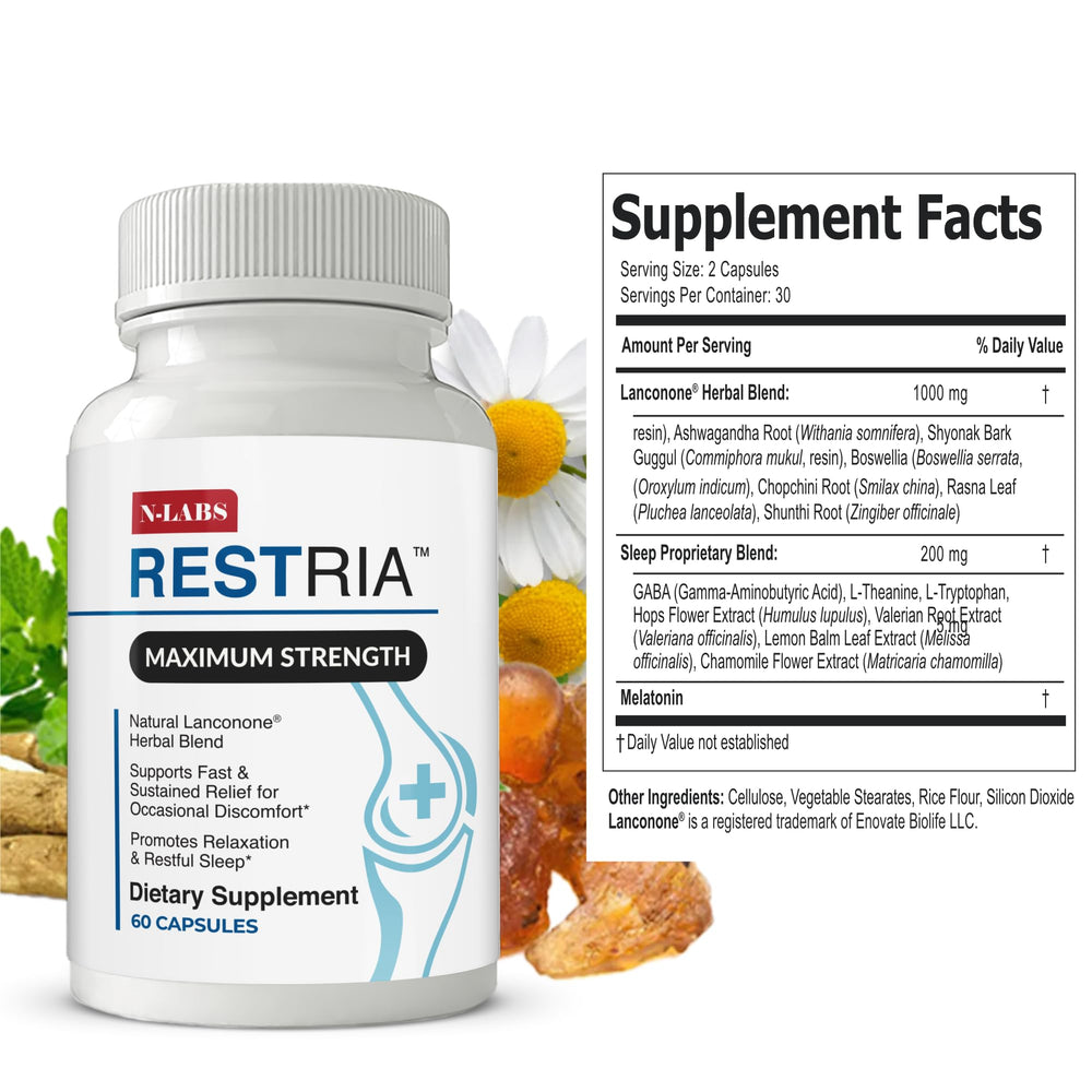N-Labs Restria capsules close-up suggests joint comfort support paired with sleep-friendly ingredients.