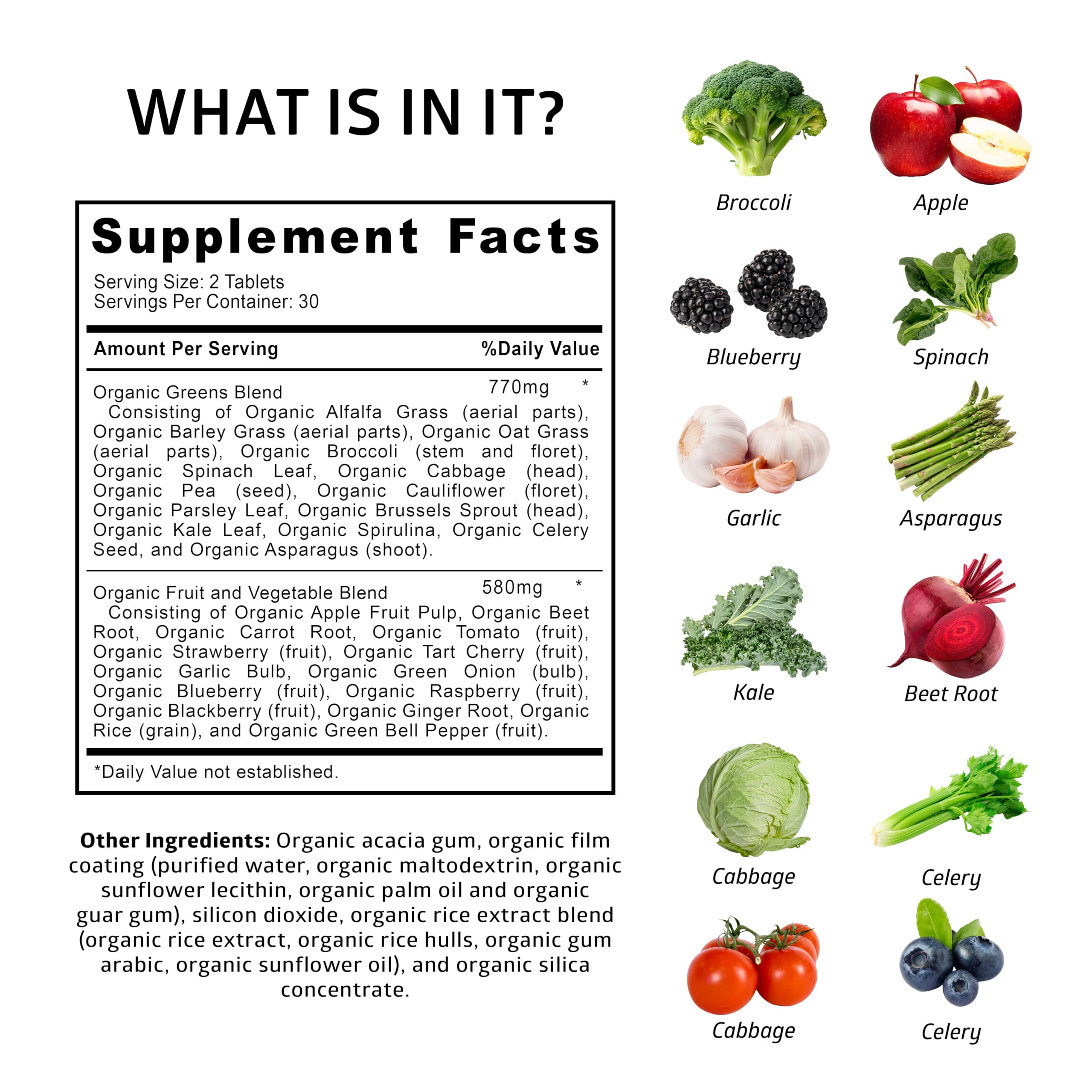 N1N organic greens ingredients closeup highlights 28 vegetables and fruits