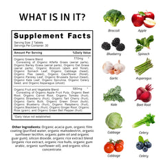N1N organic greens ingredients closeup highlights 28 vegetables and fruits