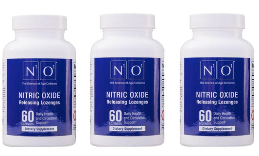 N1O1 nitric oxide lozenge pack on countertop suggesting circulation support possibilities.