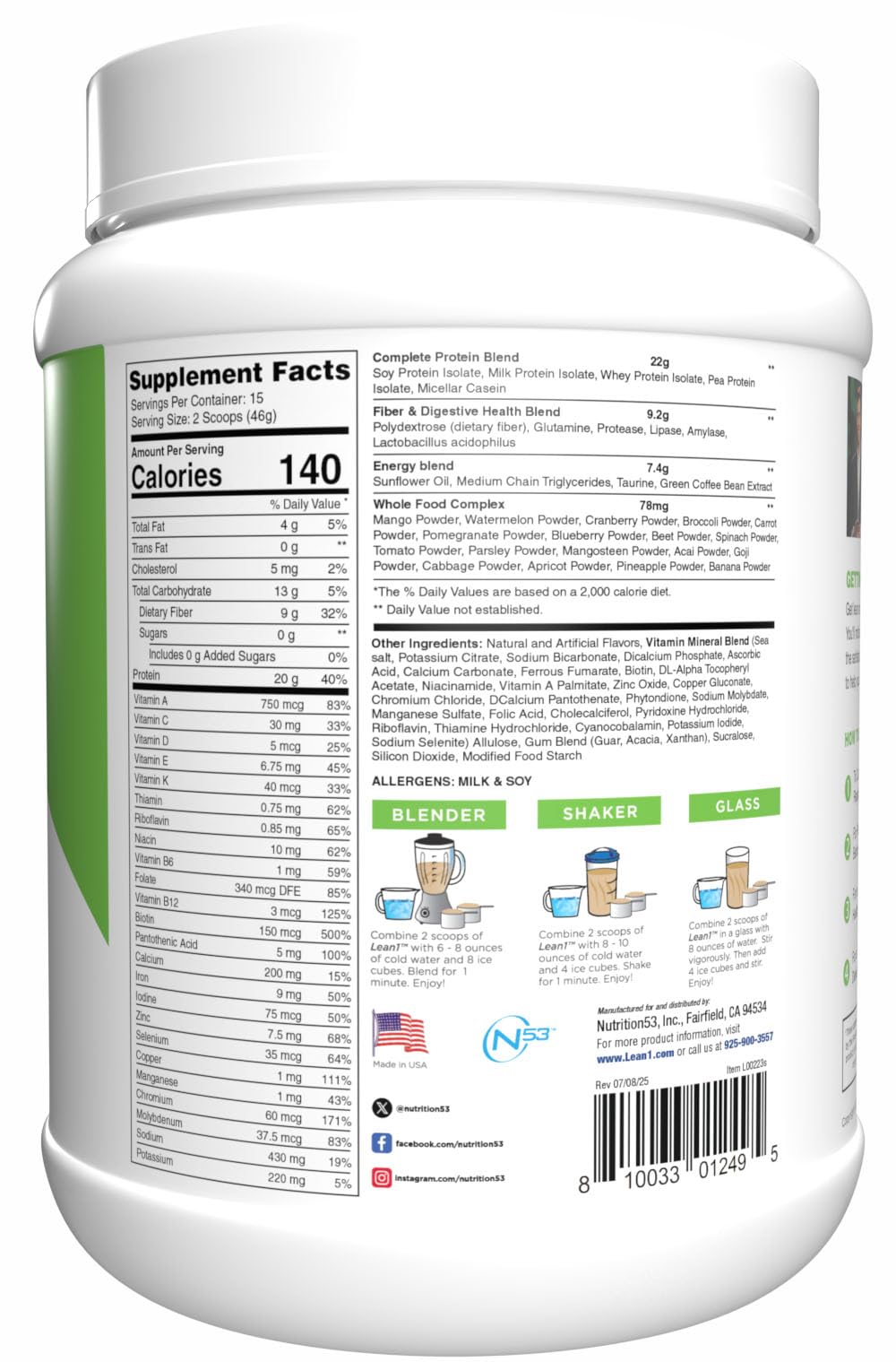 N53 Lean1 Birthday Cake ingredients panel highlighting protein, fiber and vitamins.