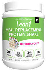 N53 Lean1 Birthday Cake tub showing convenient meal replacement option for active days.