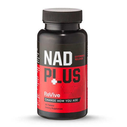 NAD PLUS Revive bottle on a clean counter showing vegan, clean-label energy support.