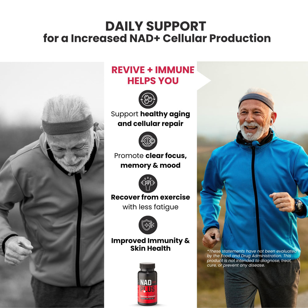 NAD Plus Revive+Immune bottle pour demonstrates easy daily consumption.