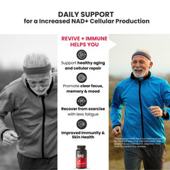 NAD Plus Revive+Immune bottle pour demonstrates easy daily consumption.