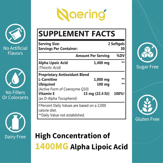 Naering liposomal alpha lipoic acid softgels closeup emphasizing optimized absorption