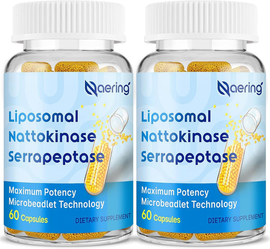 Naering liposomal nattokinase-serrapeptase bottle front with clear branding and design