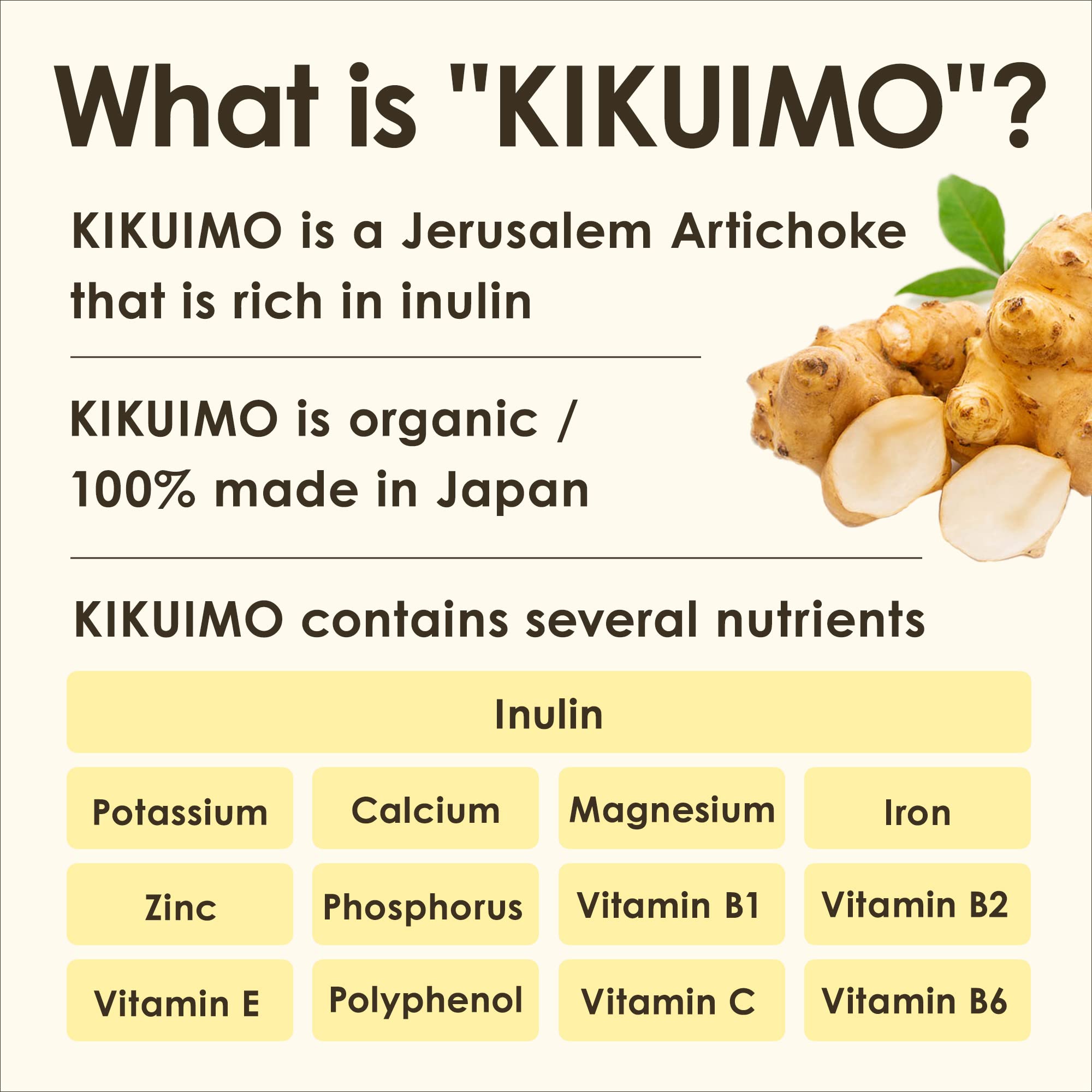 NAFFY KIKUIMO organic Jerusalem artichoke inulin supplement highlighting Japan origin