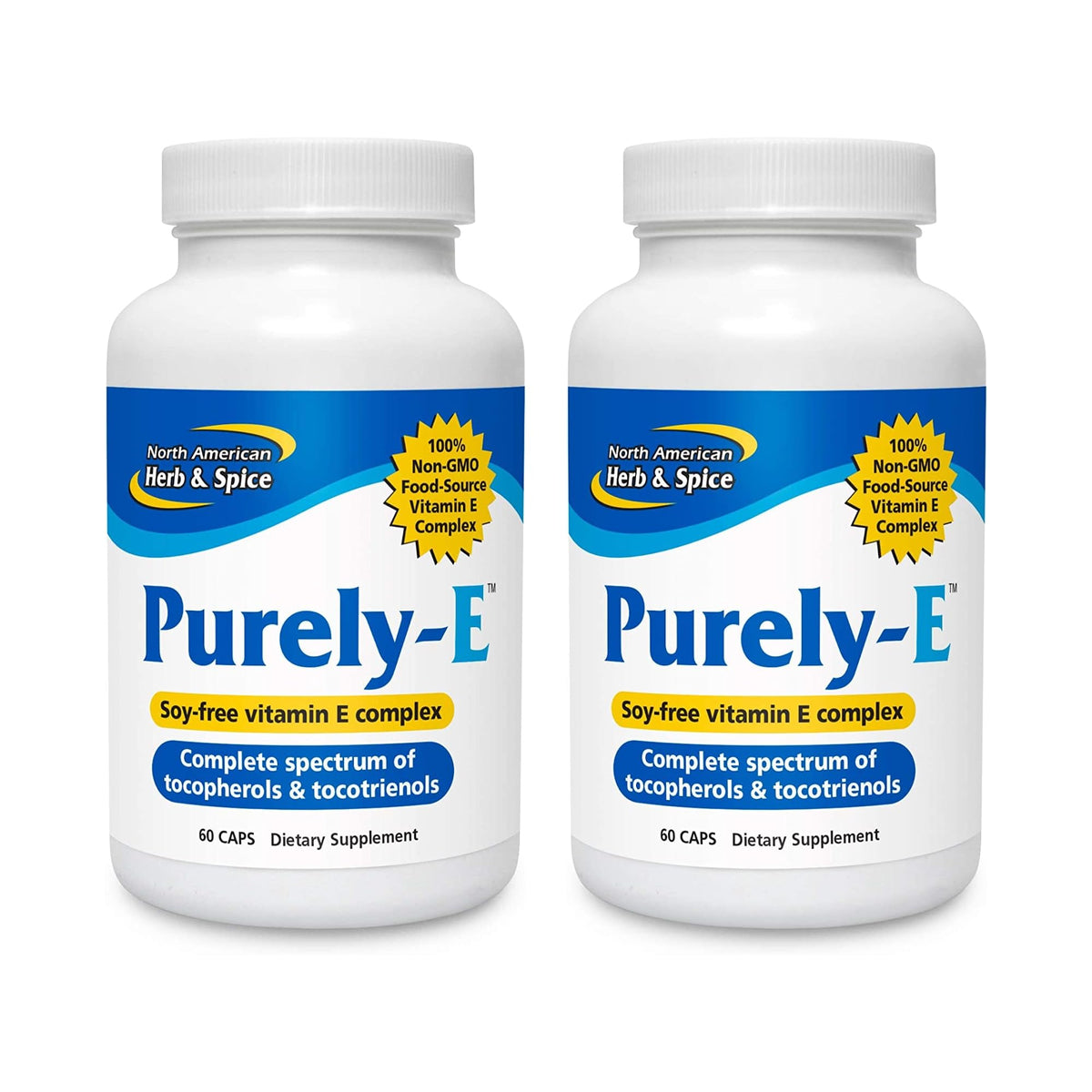 NORTH AMERICAN HERB & SPICE Purely-E bottle front view showing whole-food vitamin E complex for hair and nails