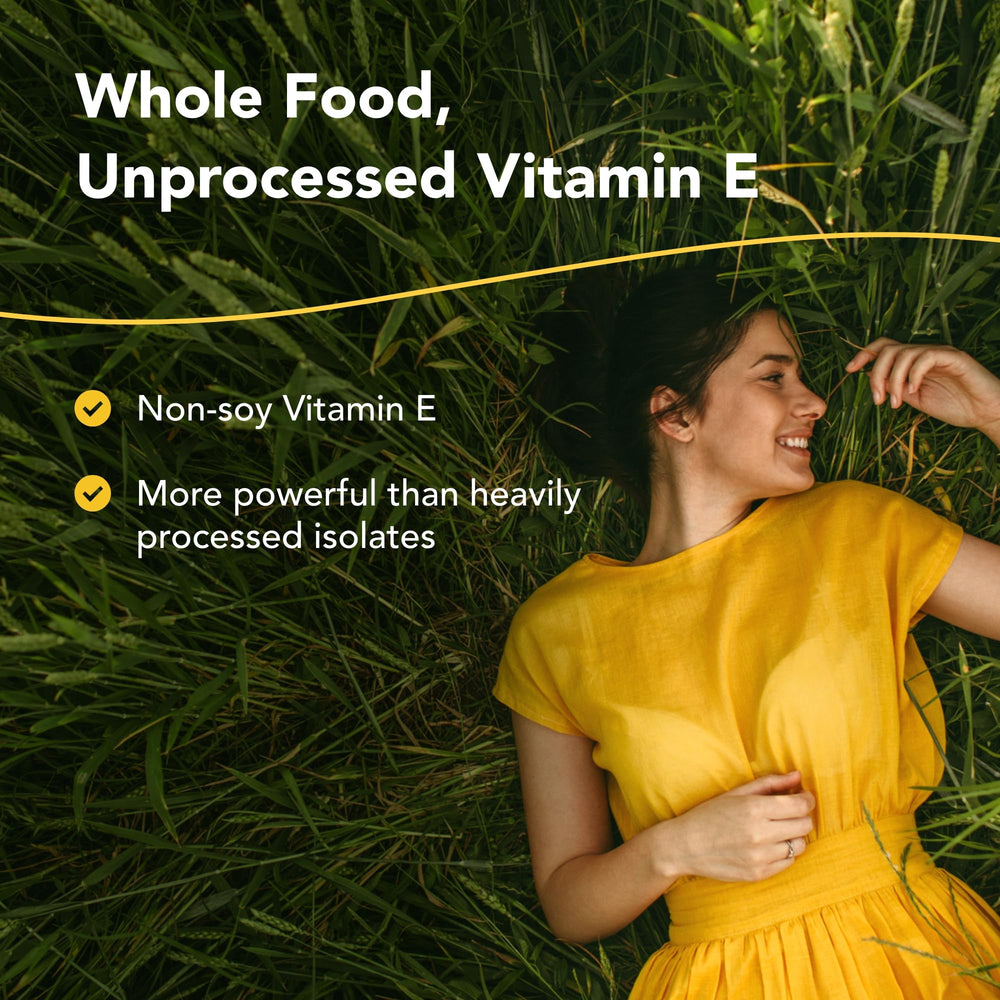 Purely-E capsules close-up highlighting the non-GMO, plant-based vitamin E formulation