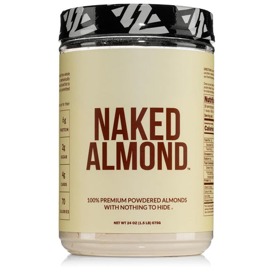 NAKED Almond Protein Powder canister showing a single-ingredient vegan protein for versatile recipes.