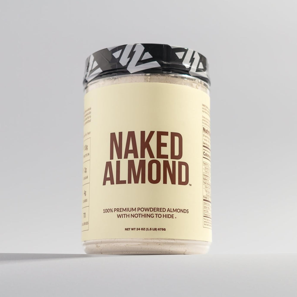 NAKED Almond Protein Powder serving scoop with measuring cup for precise portions.