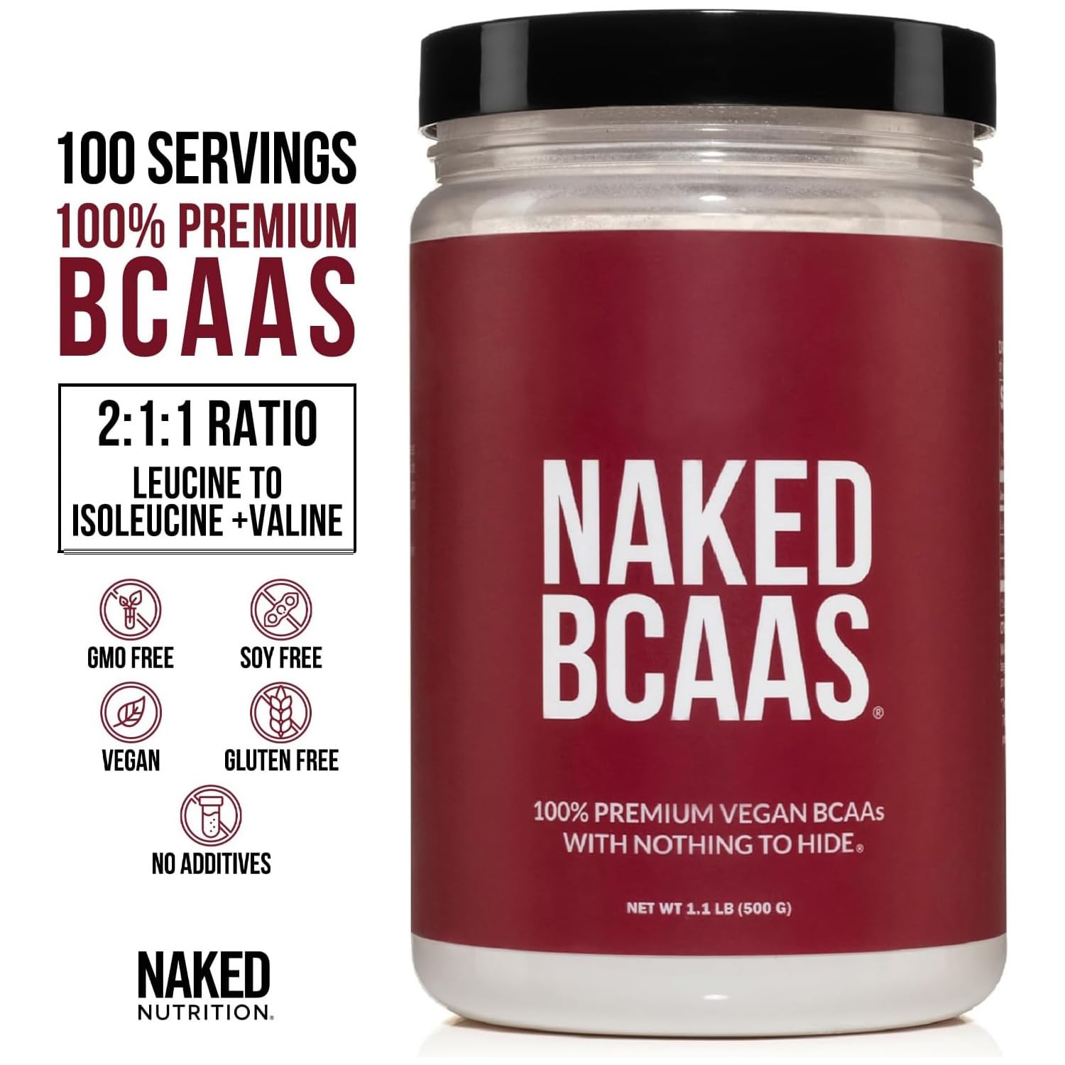 Close-up of Naked BCAAs powder showing instantized texture for rapid mix.