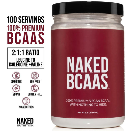 Close-up of Naked BCAAs powder showing instantized texture for rapid mix.