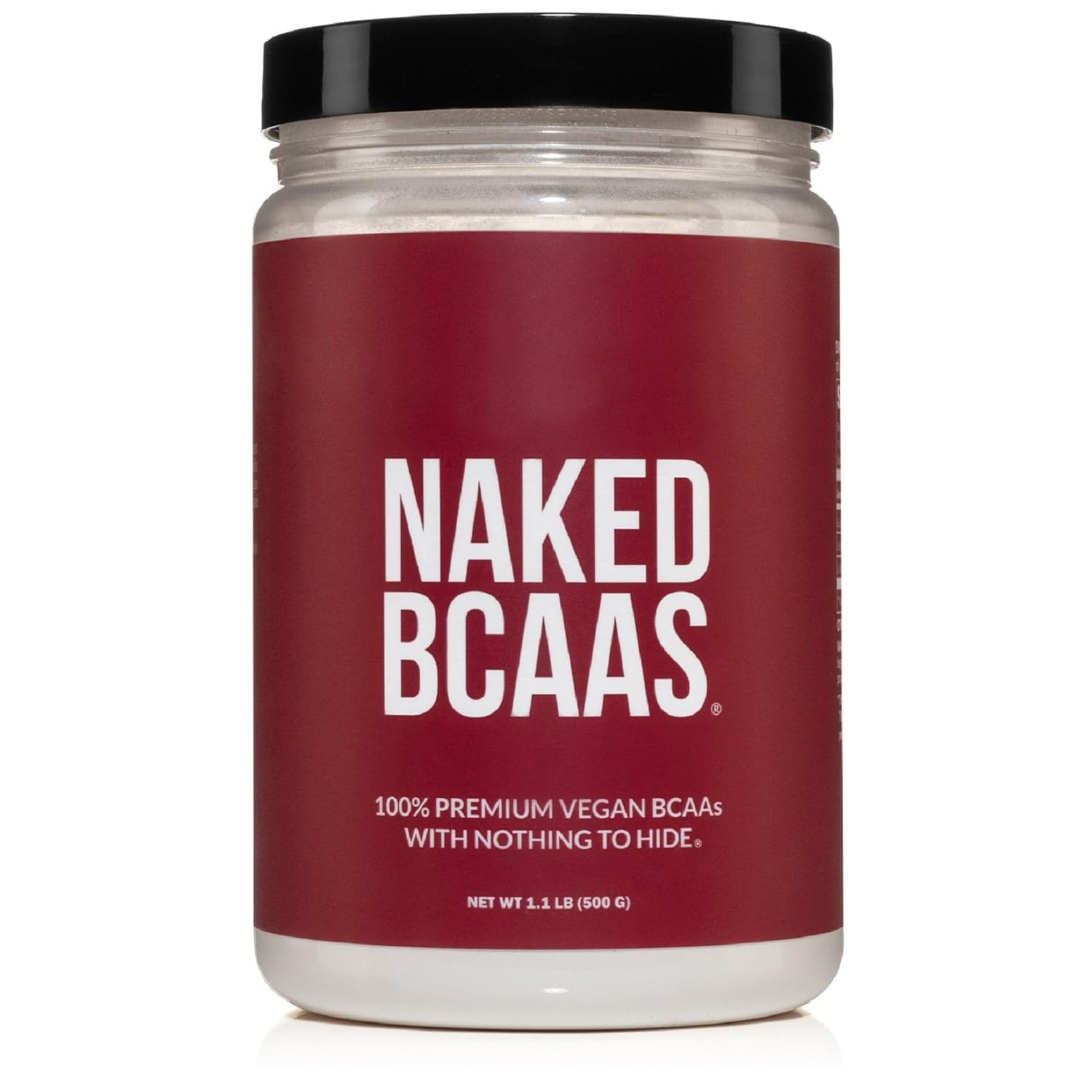 Naked BCAAs powder in a jar, vegan and unflavored for versatile mixing.