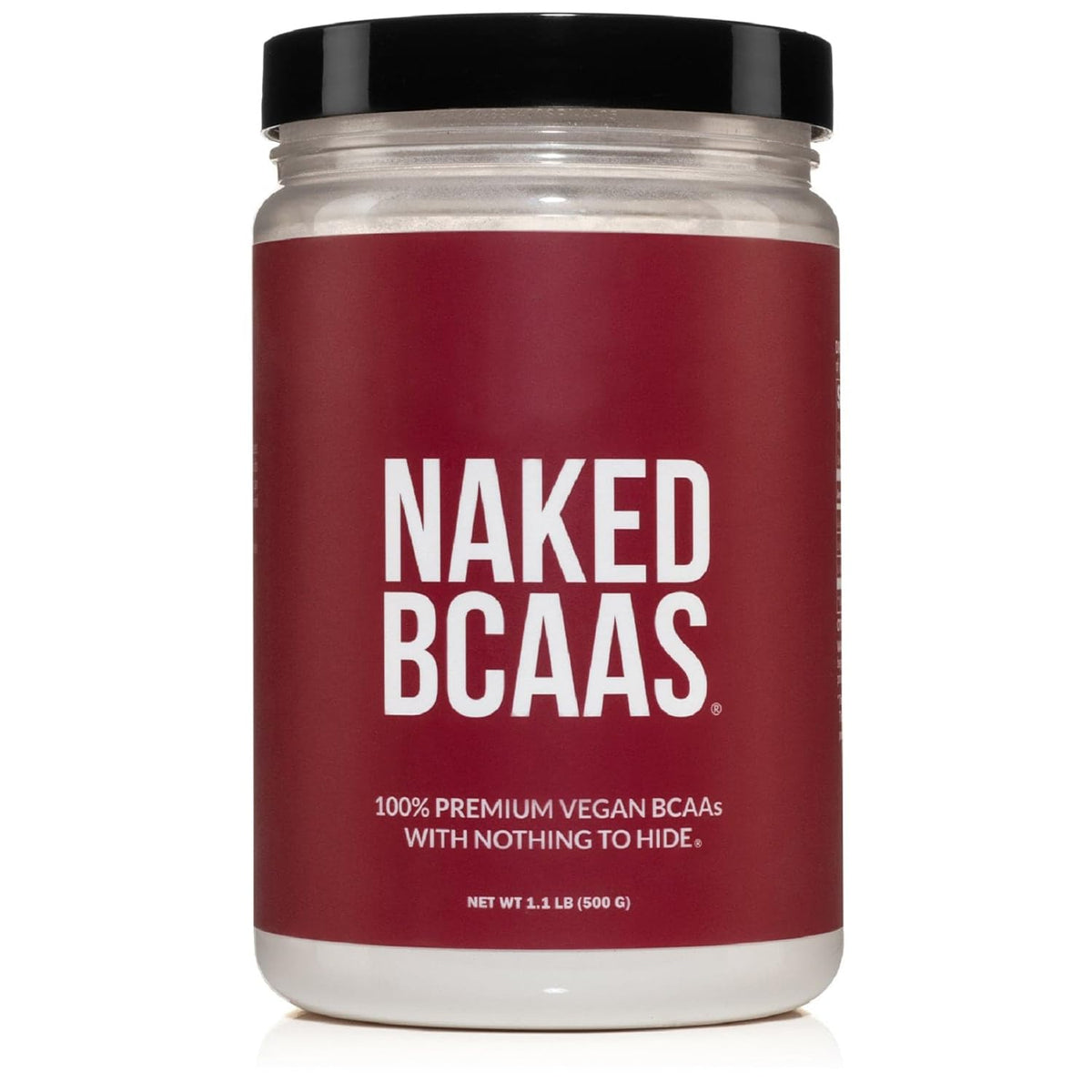 Naked BCAAs powder in a jar, vegan and unflavored for versatile mixing.