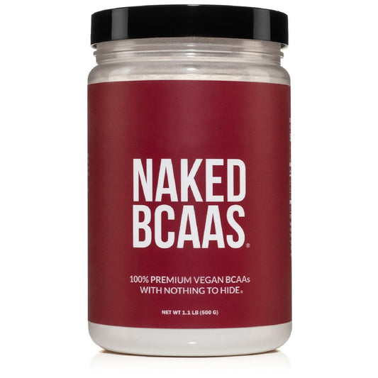Naked BCAAs powder in a jar, vegan and unflavored for versatile mixing.