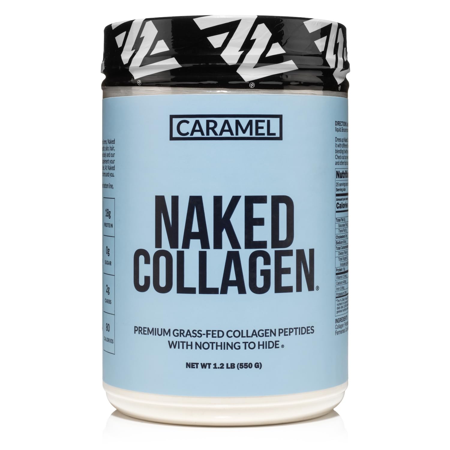 NAKED Caramel Collagen Peptides bottle highlighting pasture-raised sourcing for premium protein.