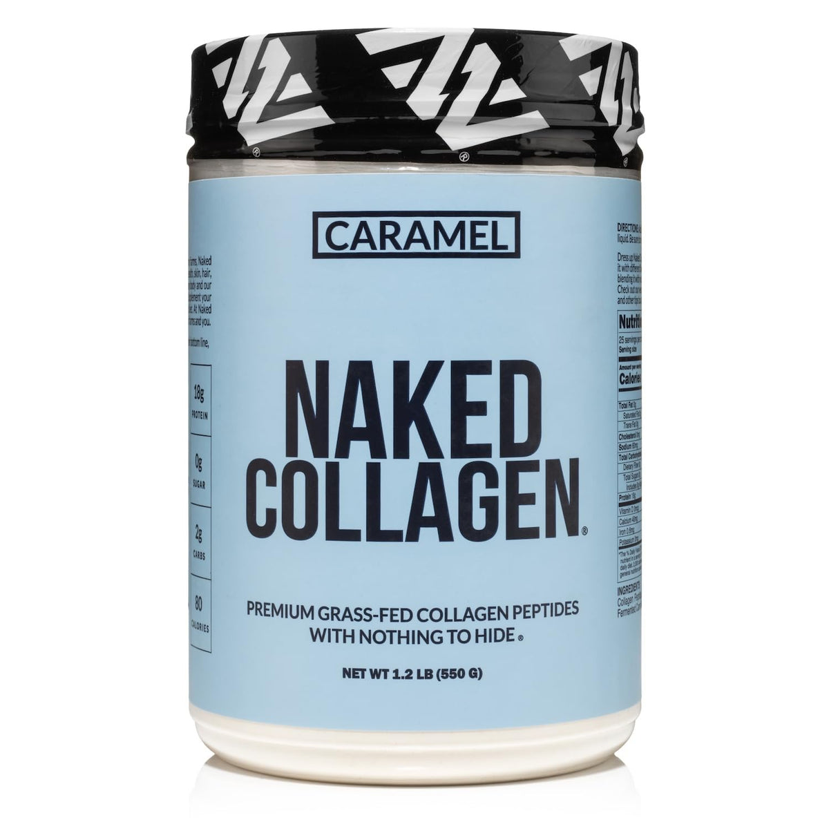 NAKED Caramel Collagen Peptides bottle highlighting pasture-raised sourcing for premium protein.