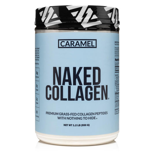 NAKED Caramel Collagen Peptides bottle highlighting pasture-raised sourcing for premium protein.