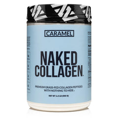 NAKED Caramel Collagen Peptides bottle highlighting pasture-raised sourcing for premium protein.