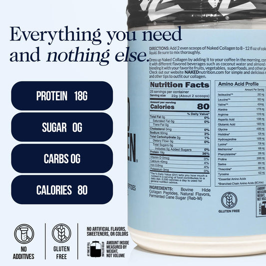 NAKED Caramel Collagen Peptides powder tub showing smooth blendability in recipes.